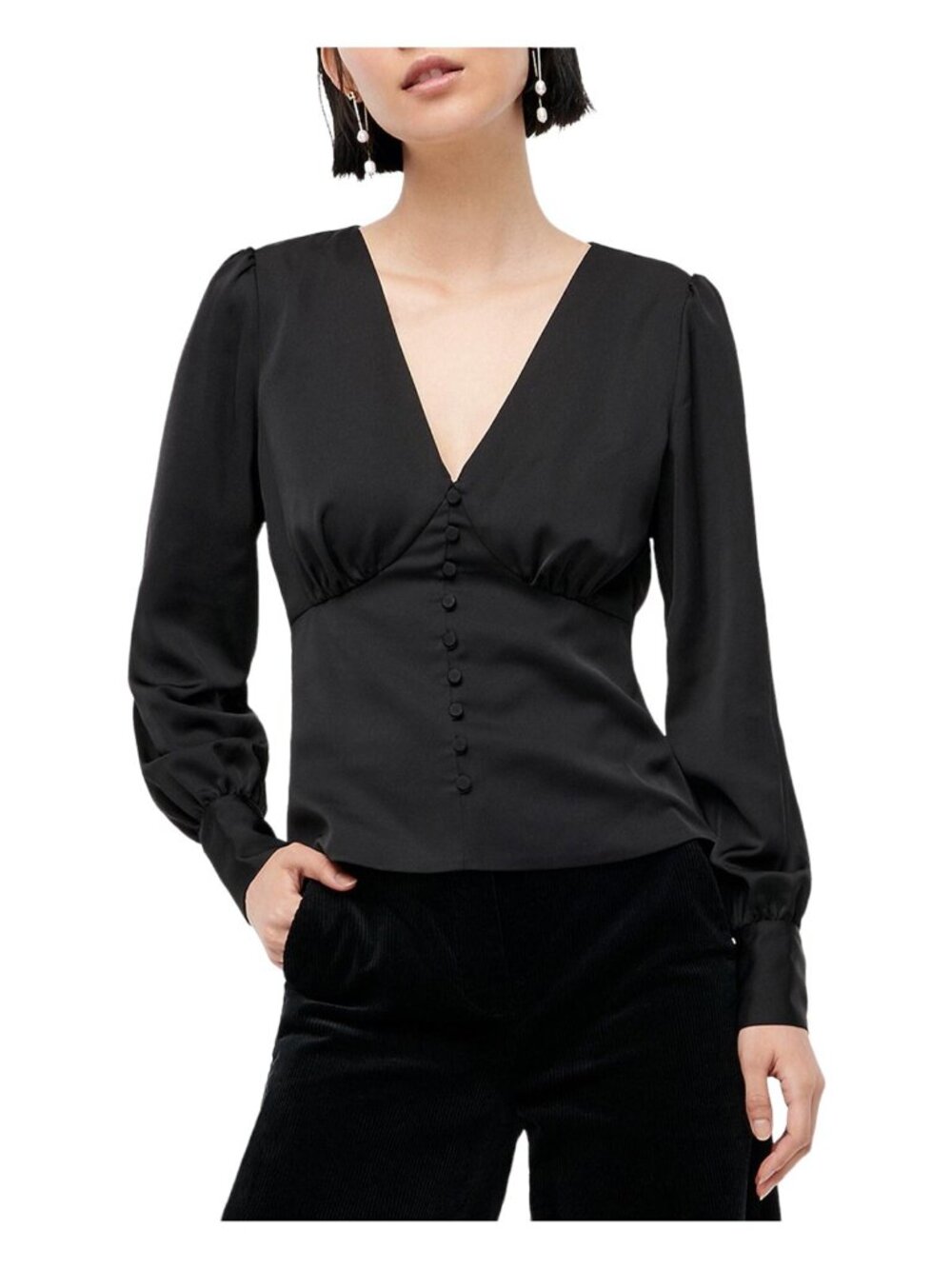 J. Crew Black Womens Deep V-Neck Button Front Satin Blouse Top AE907 Size 4